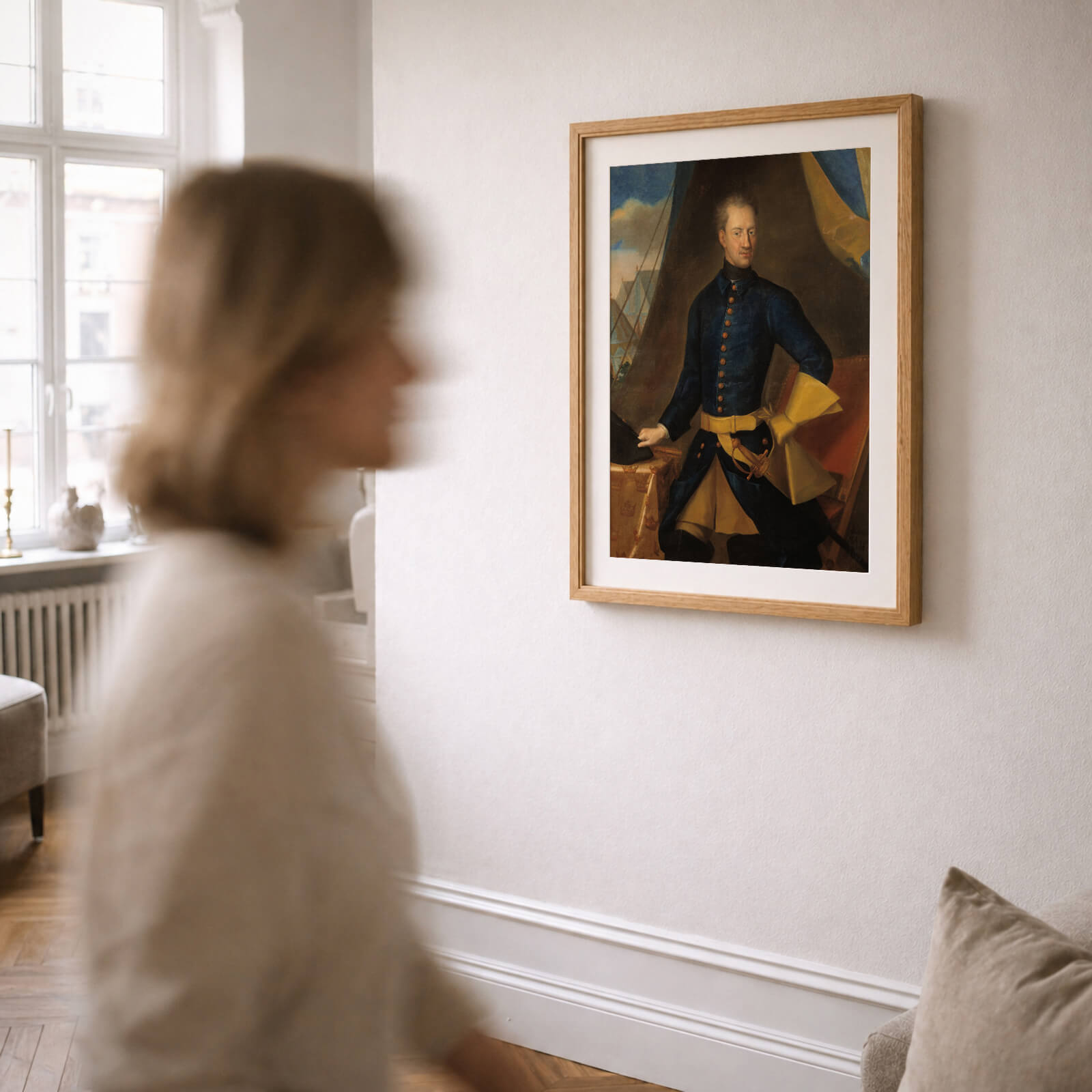 Karl XII som väggkonst i inspirerande inredningsmiljö