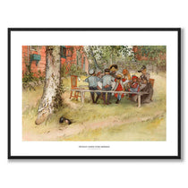 Frukost under Stora Björken av Carl Larsson som konstposter från Historly – med vit kant och titel