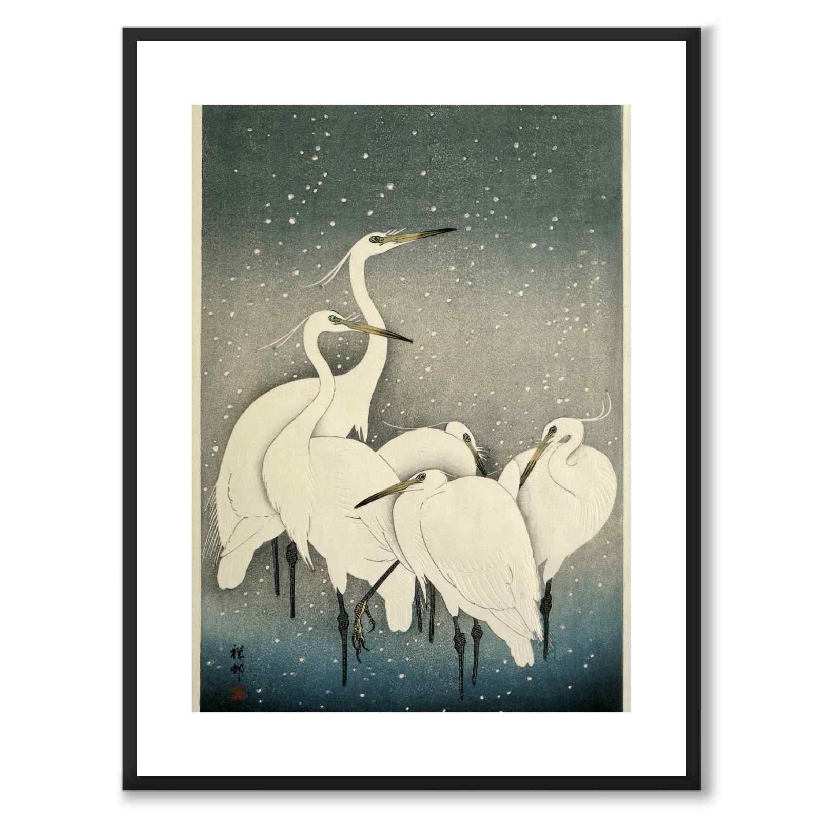 Group of Egrets in Snow av Ohara Koson som japansk poster – med vit kant