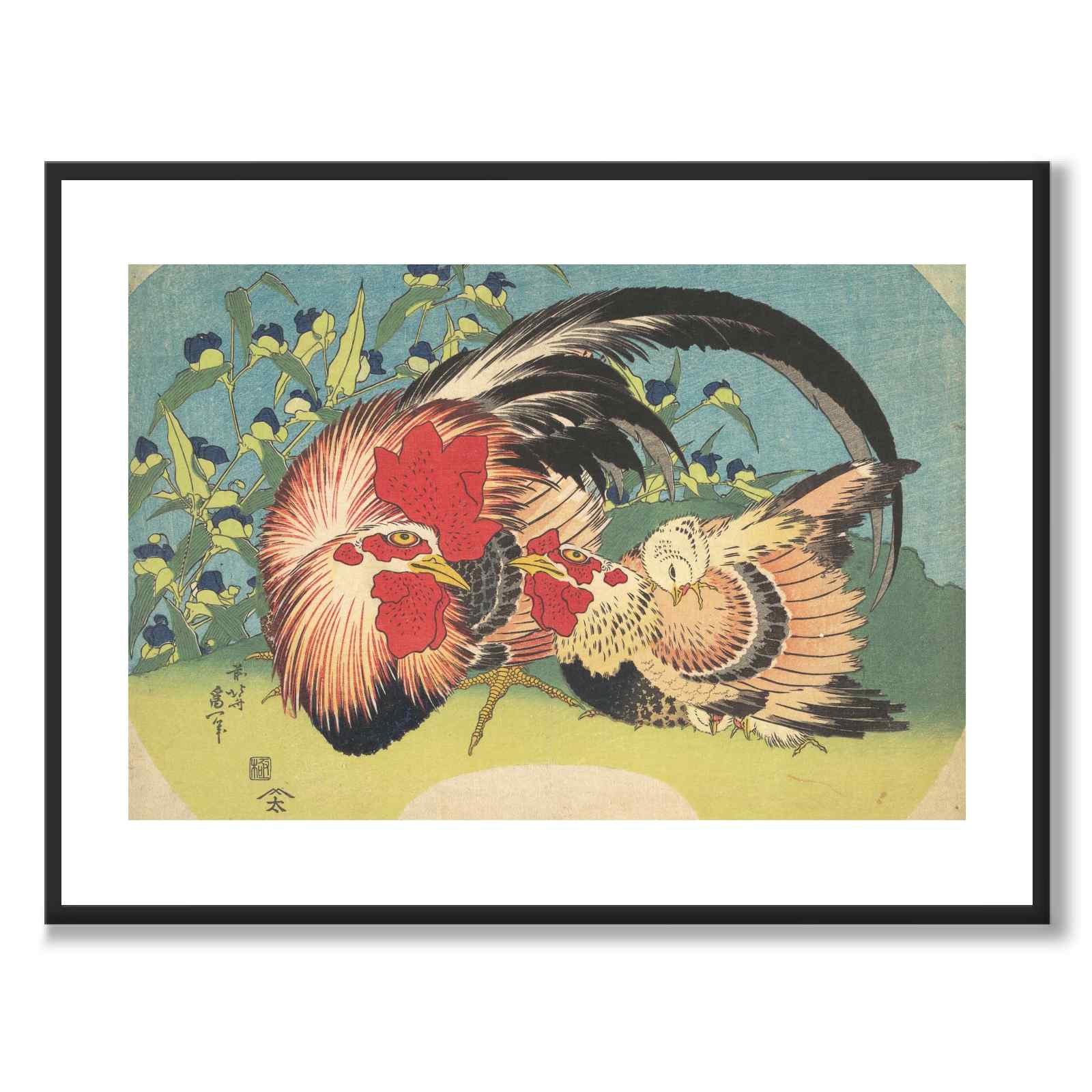 Rooster, Hen and Chicken som japansk poster - vit kant