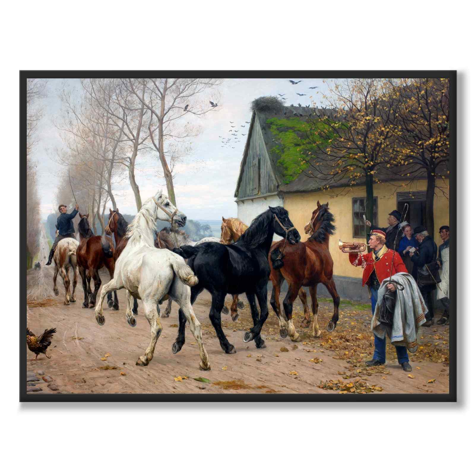 Et kobbel hester utenfor en kro av Otto Bache som plakat – helbilde