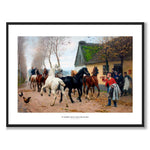 Et kobbel hester utenfor en kro av Otto Bache som plakat – hvit kant & tittel