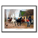 Et kobbel hester utenfor en kro av Otto Bache som plakat – hvit kant & tittel