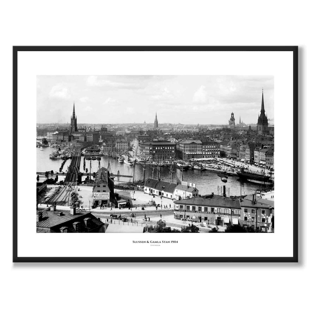 Slussen & Gamla Stan 1904 som historisk Stockholmsposter från Historly – med vit kant och titel